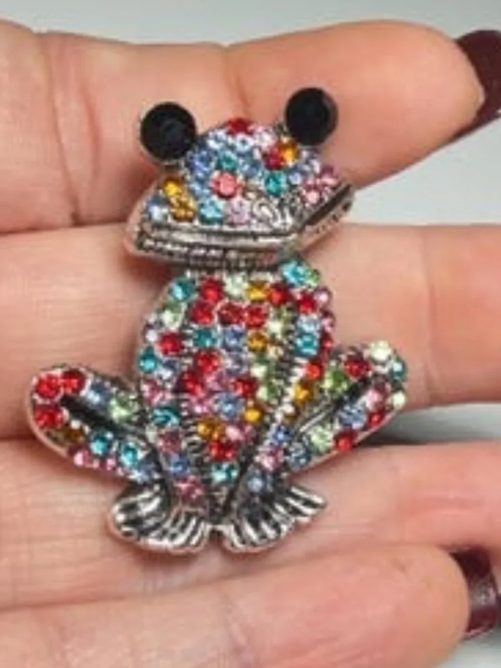 Colorful Rhinestone Frog Brooch Silver Tone Animal Pin